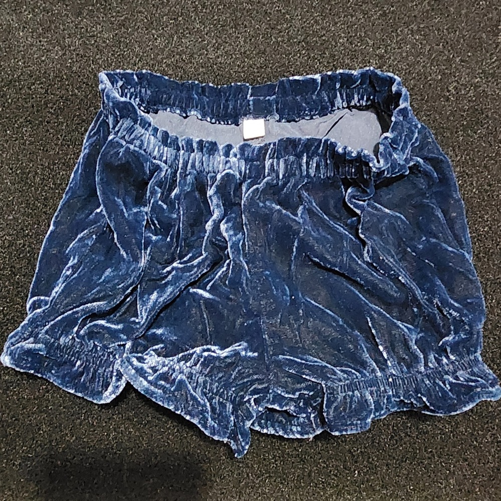 Blue Crushed Velvet Ruffle Hem Bloomer Shorts Elastic Waist‎ Loungewear Pajamas